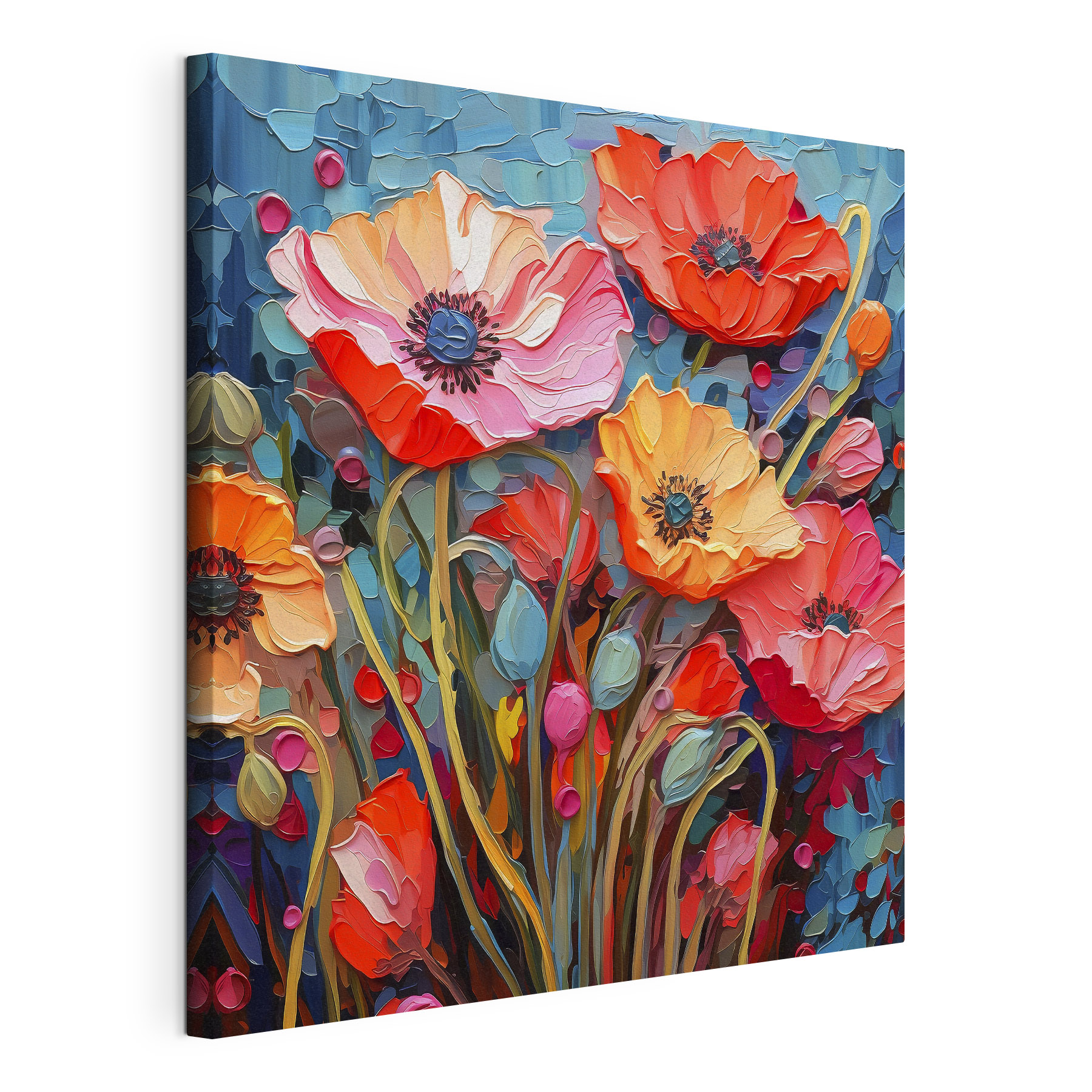 A painting of flowers on a blue background A painting of flowers on a blue background