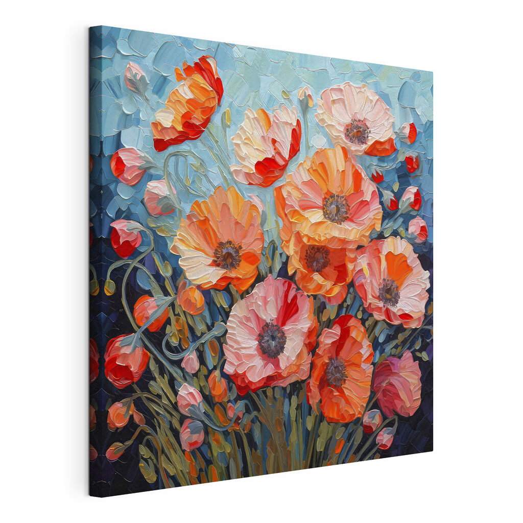 A painting of flowers on a blue background A painting of flowers on a blue background