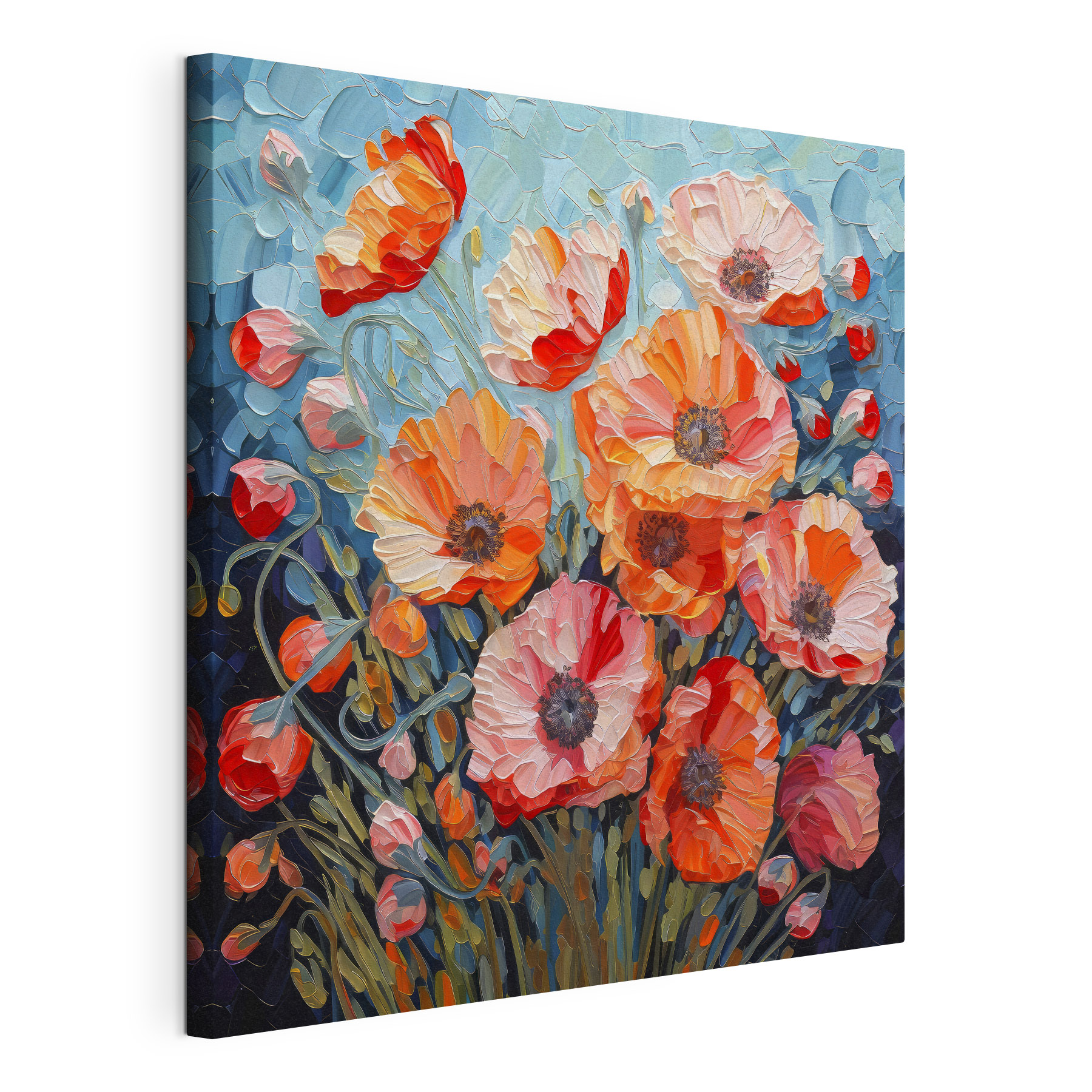 A painting of flowers on a blue background A painting of flowers on a blue background