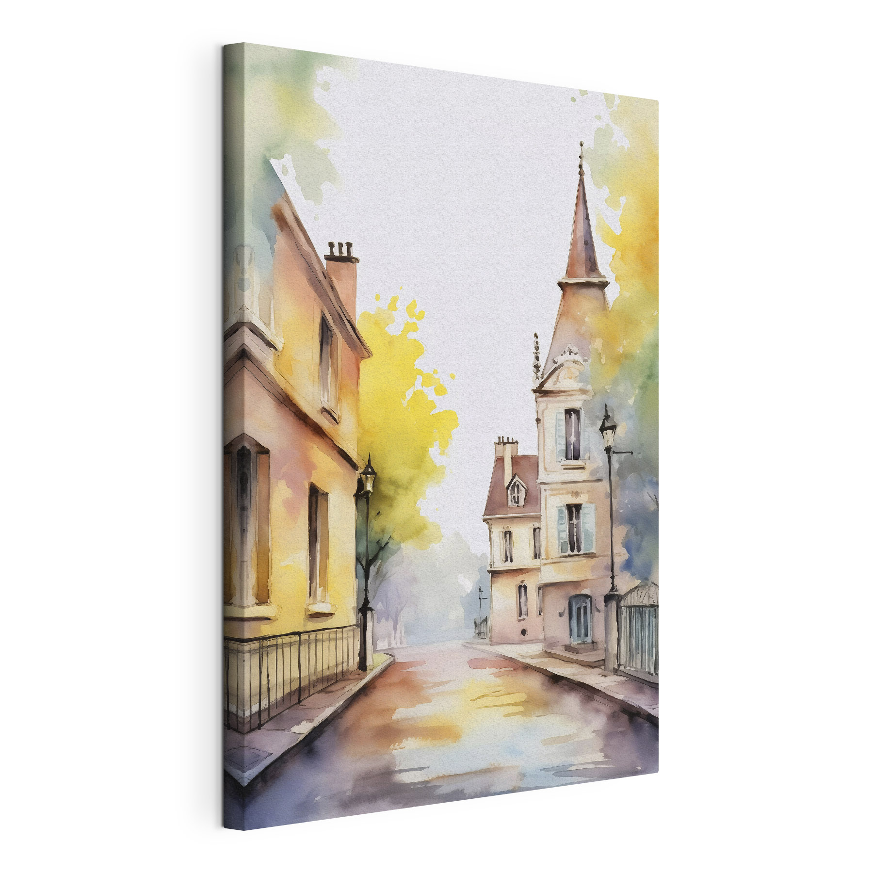 Watercolor painting of a street with buildings and trees