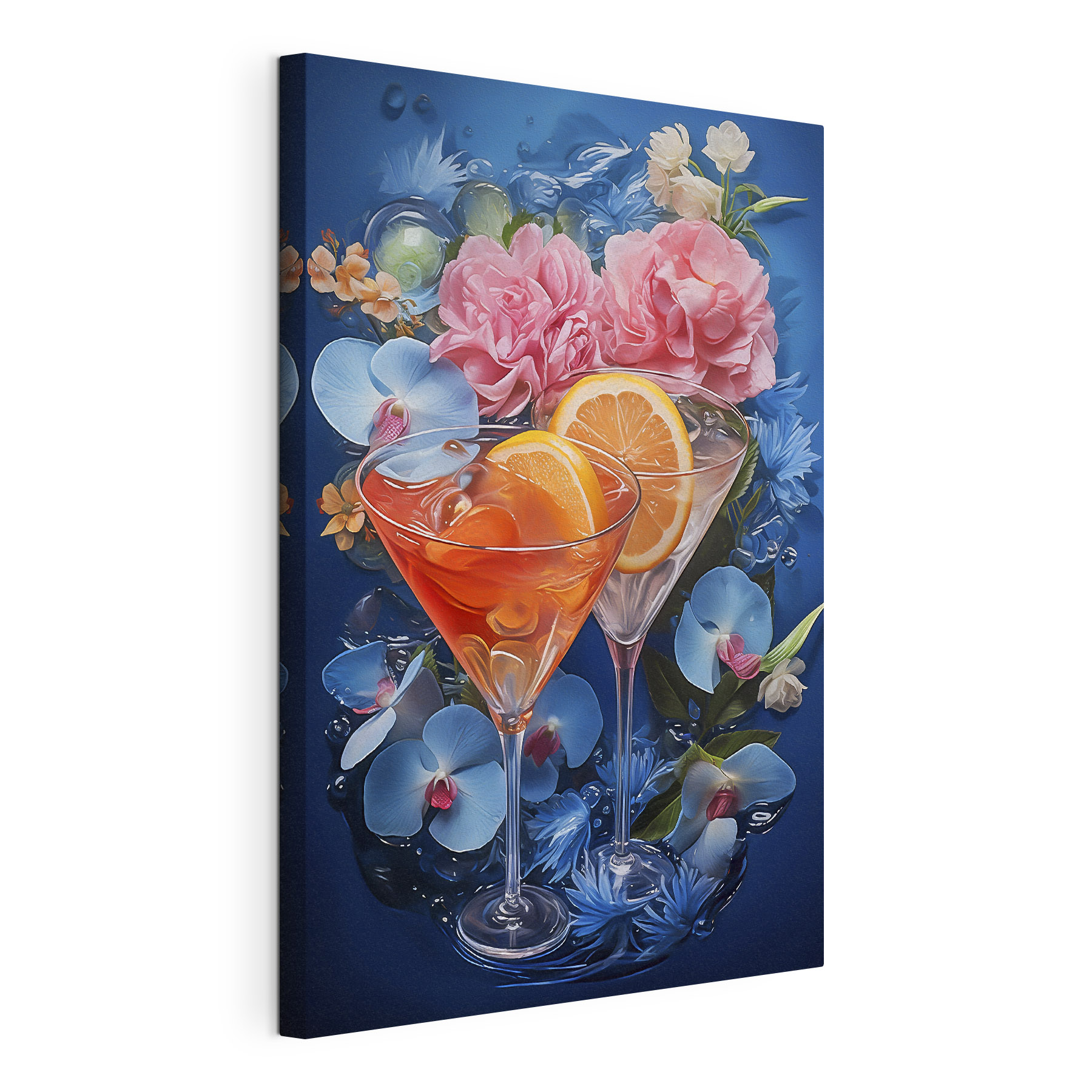 A pair of glasses with oranges and flowers