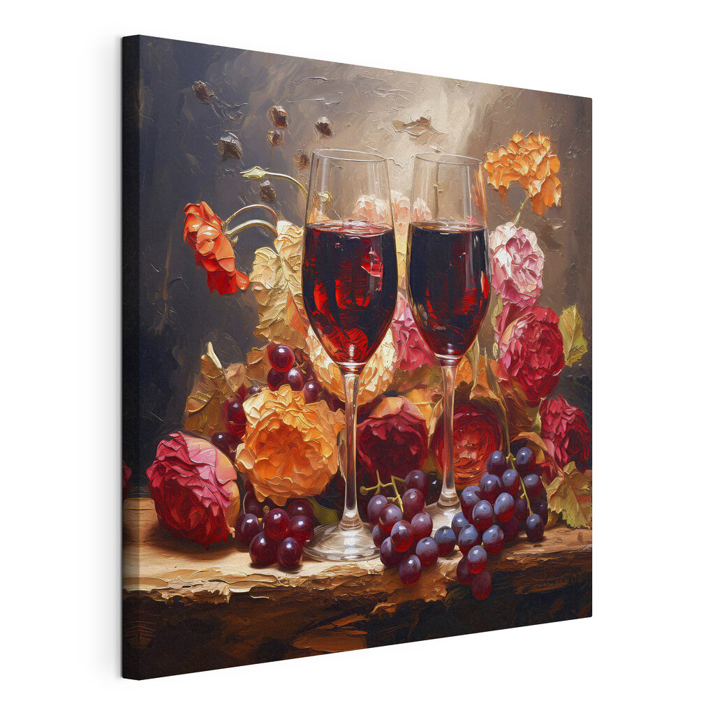 A painting of wine glasses and flowers