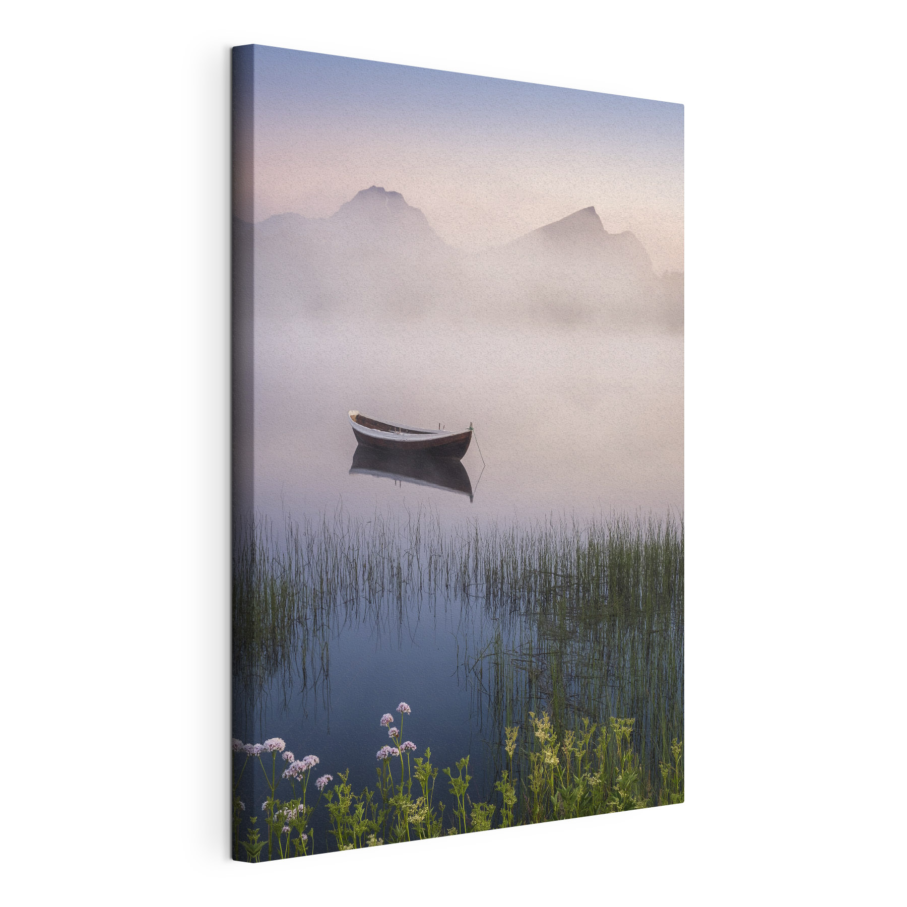 A boat in a lake with grass and mountains in the background A boat in a lake with grass and mountains in the background