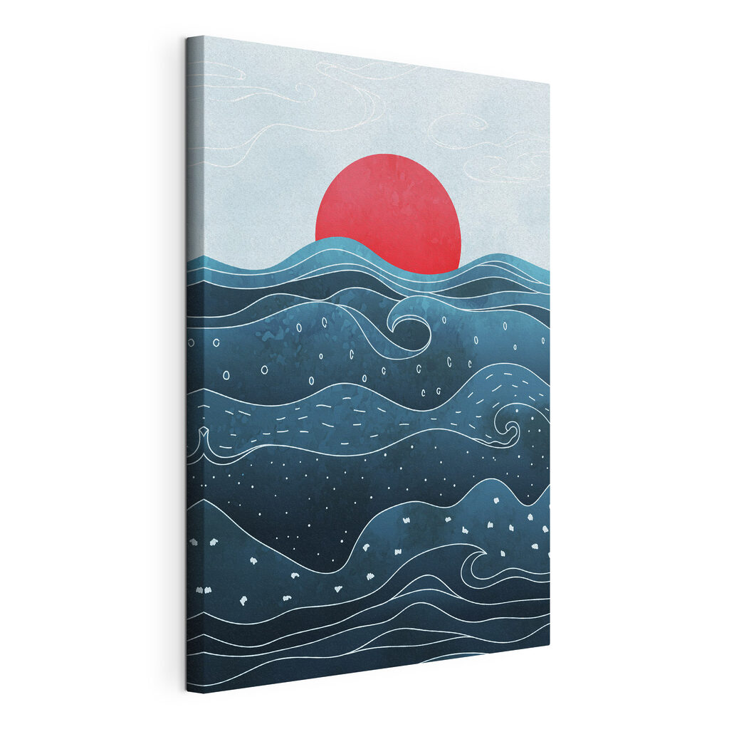 A water with waves and a red sun A water with waves and a red sun