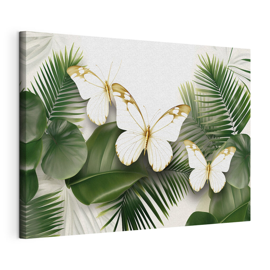 Butterflies on a white background with green leaves Butterflies on a white background with green leaves
