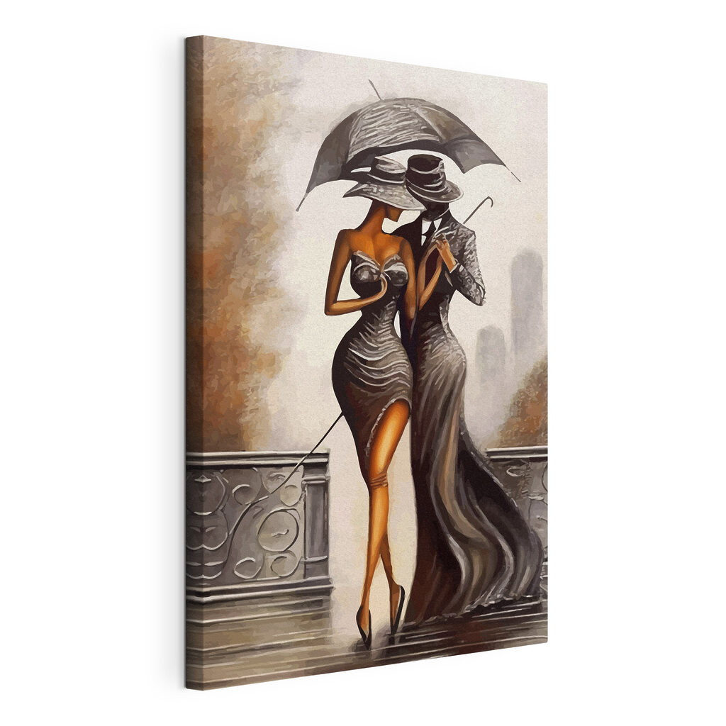 A painting of a man and woman in a dress and hat