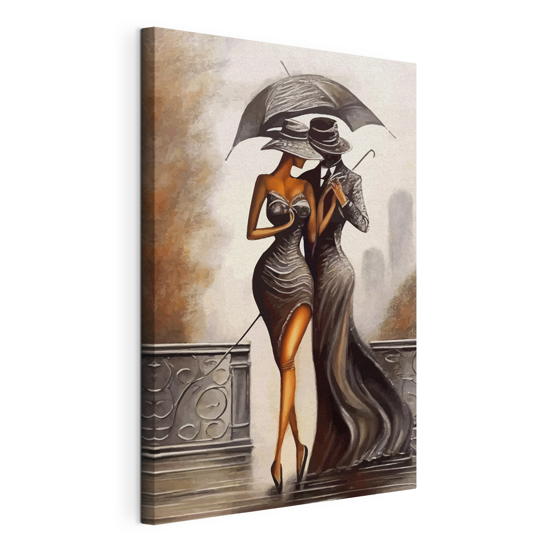 A painting of a man and woman in a dress and hat