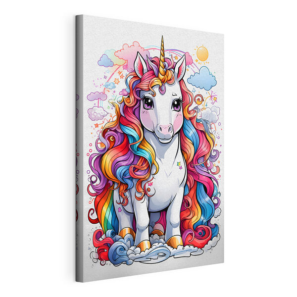 Un unicorno dei cartoni animati con i capelli color arcobaleno Quadri Un unicorno dei cartoni animati con i capelli color arcobaleno