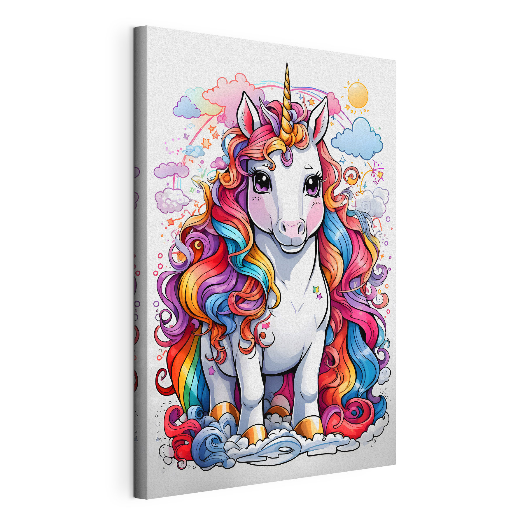 A cartoon unicorn with rainbow hair
