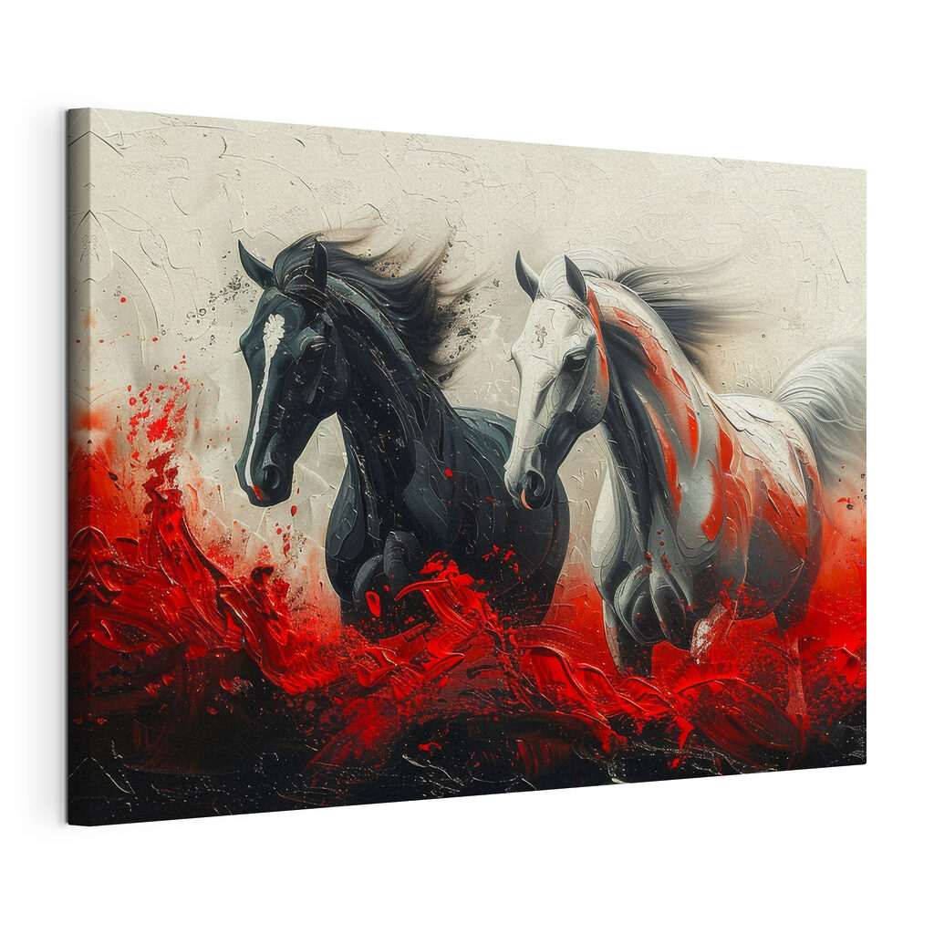 A painting of horses running with red paint A painting of horses running with red paint