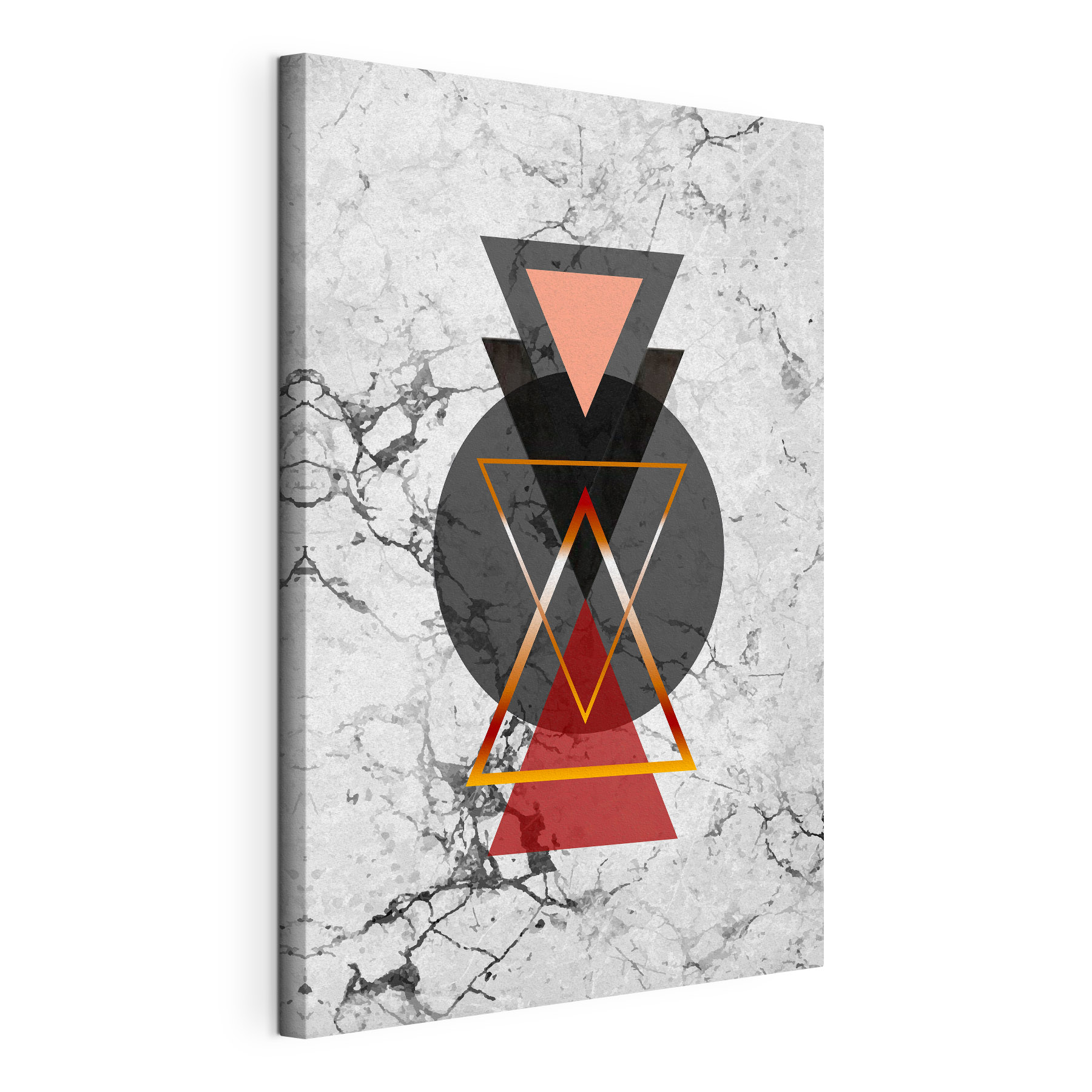 A black and red triangle and circle on a marble surface A black and red triangle and circle on a marble surface