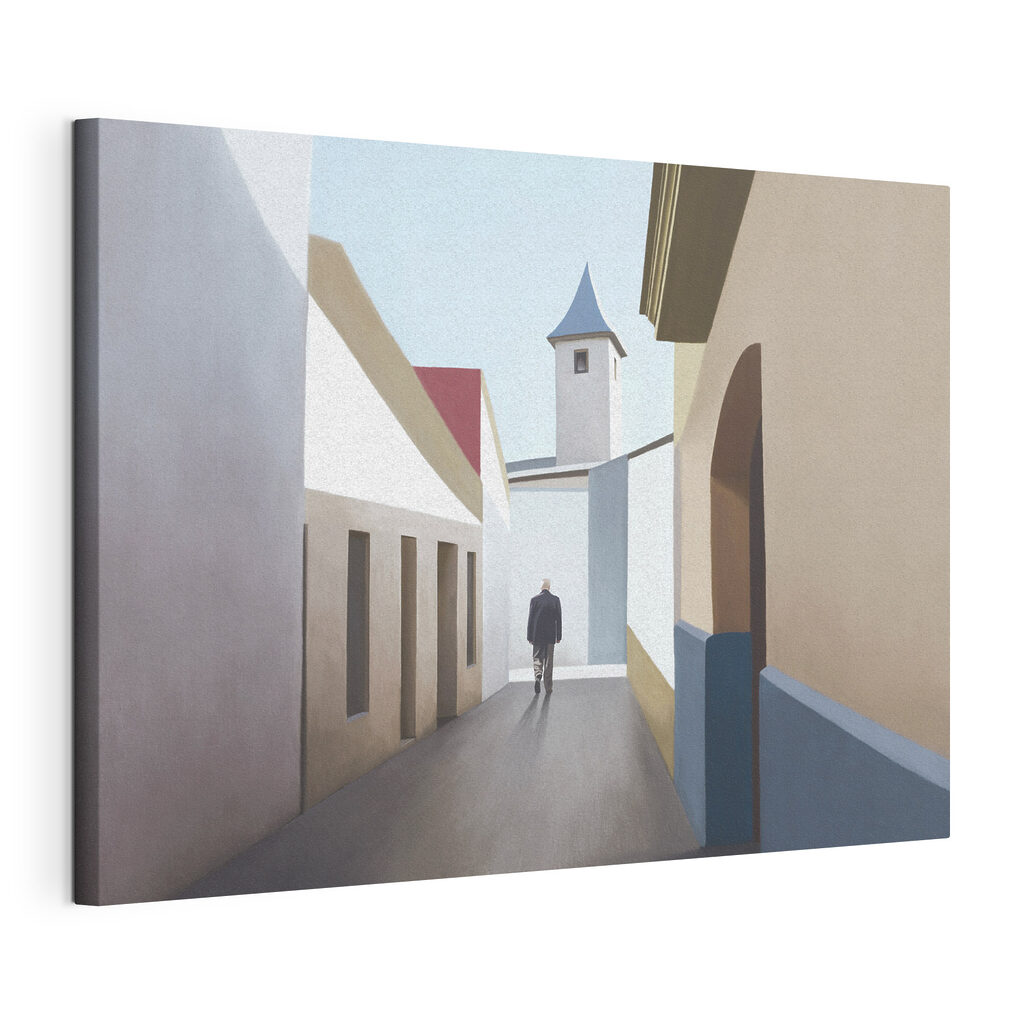 A man walking down a narrow street