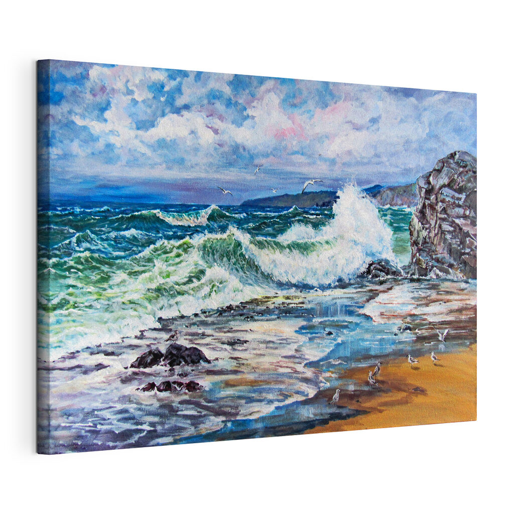A painting of waves crashing on a beach A painting of waves crashing on a beach