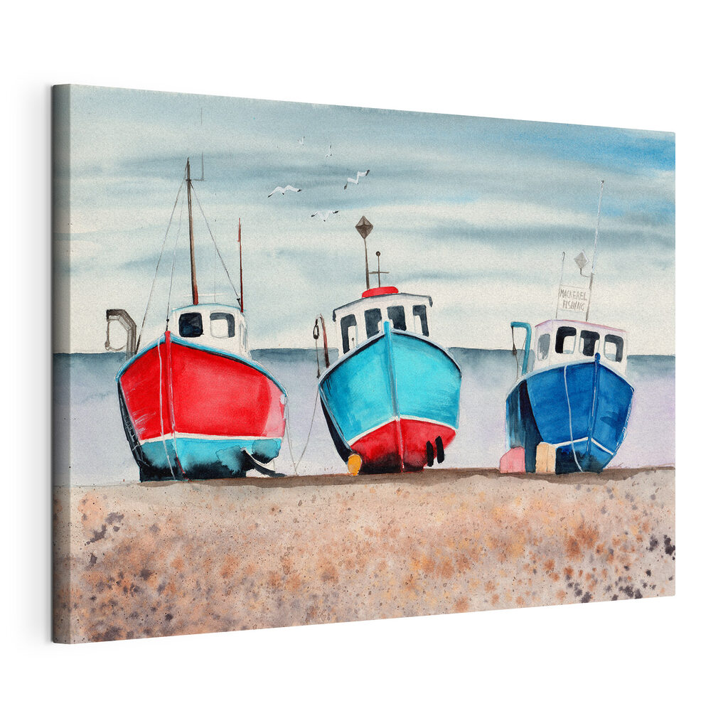 Watercolor of boats on a beach
