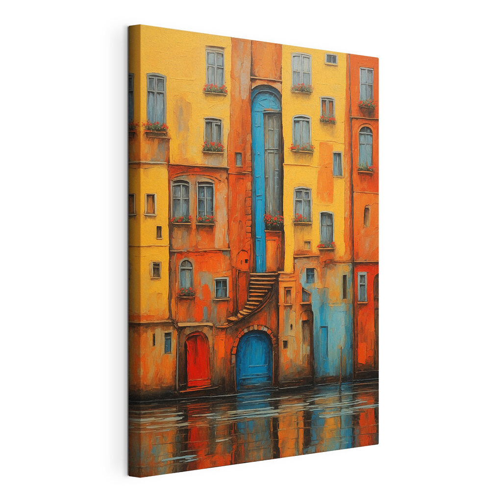 A painting of a building with a staircase and a blue door A painting of a building with a staircase and a blue door