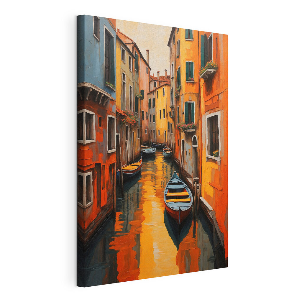 A rowboat in a canal between buildings