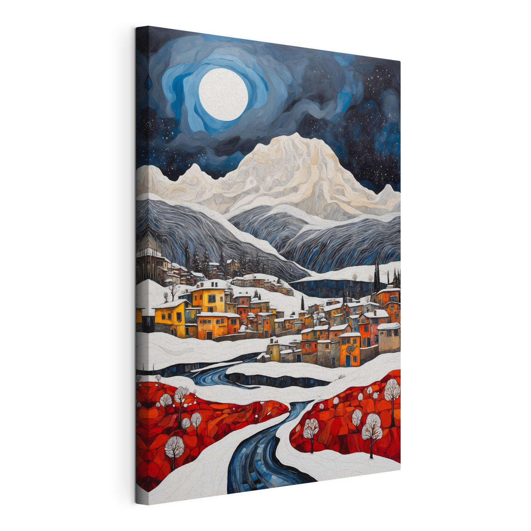 A painting of a town in the snow A painting of a town in the snow