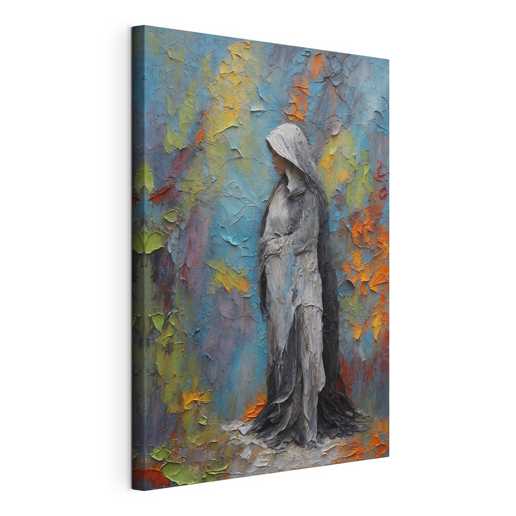 A painting of a woman in a white robe A painting of a woman in a white robe