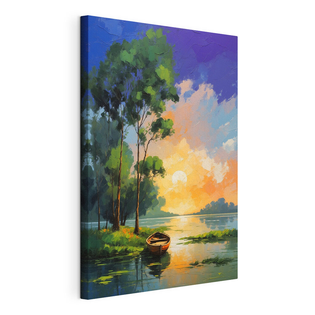A painting of a boat on a lake A painting of a boat on a lake