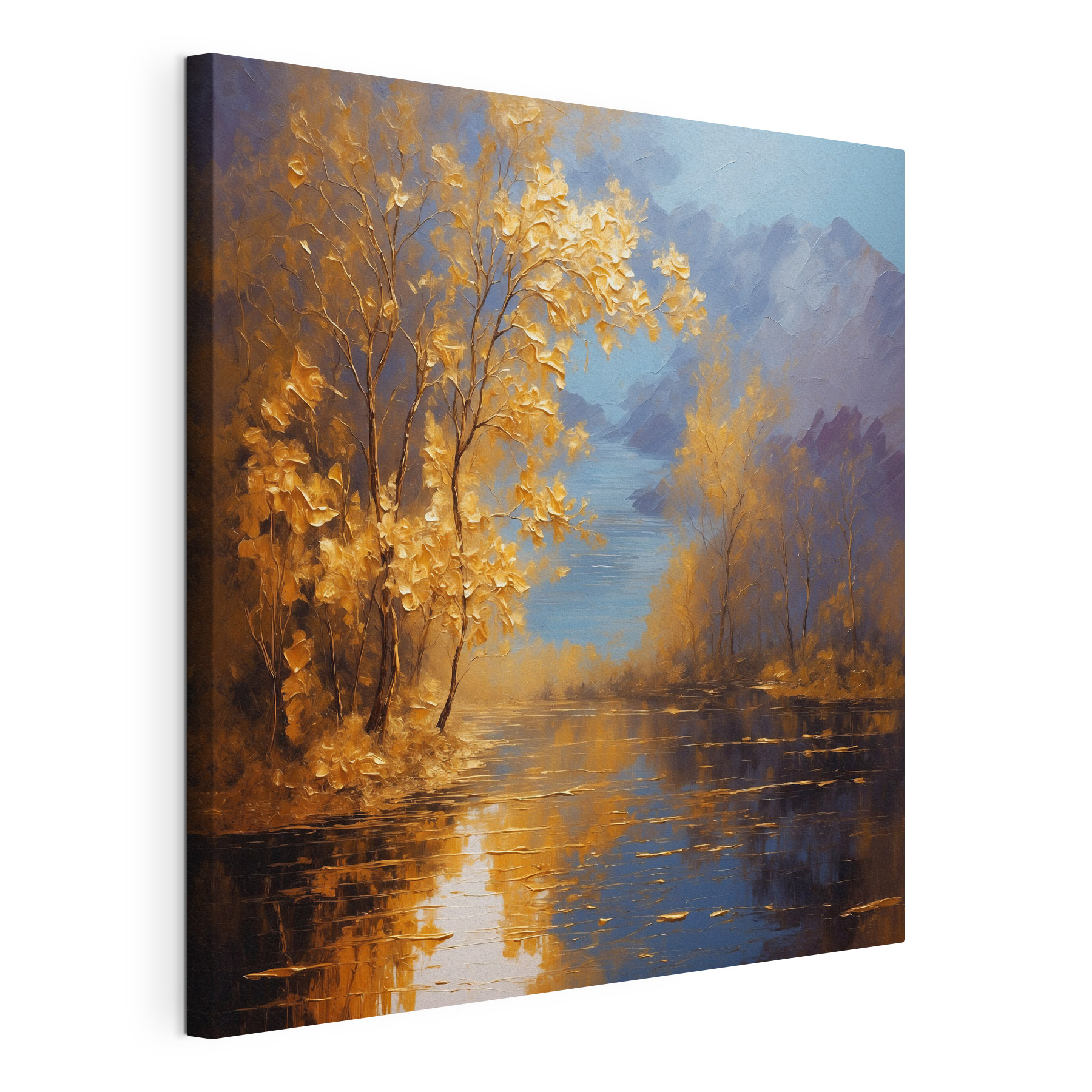 A painting of trees and water