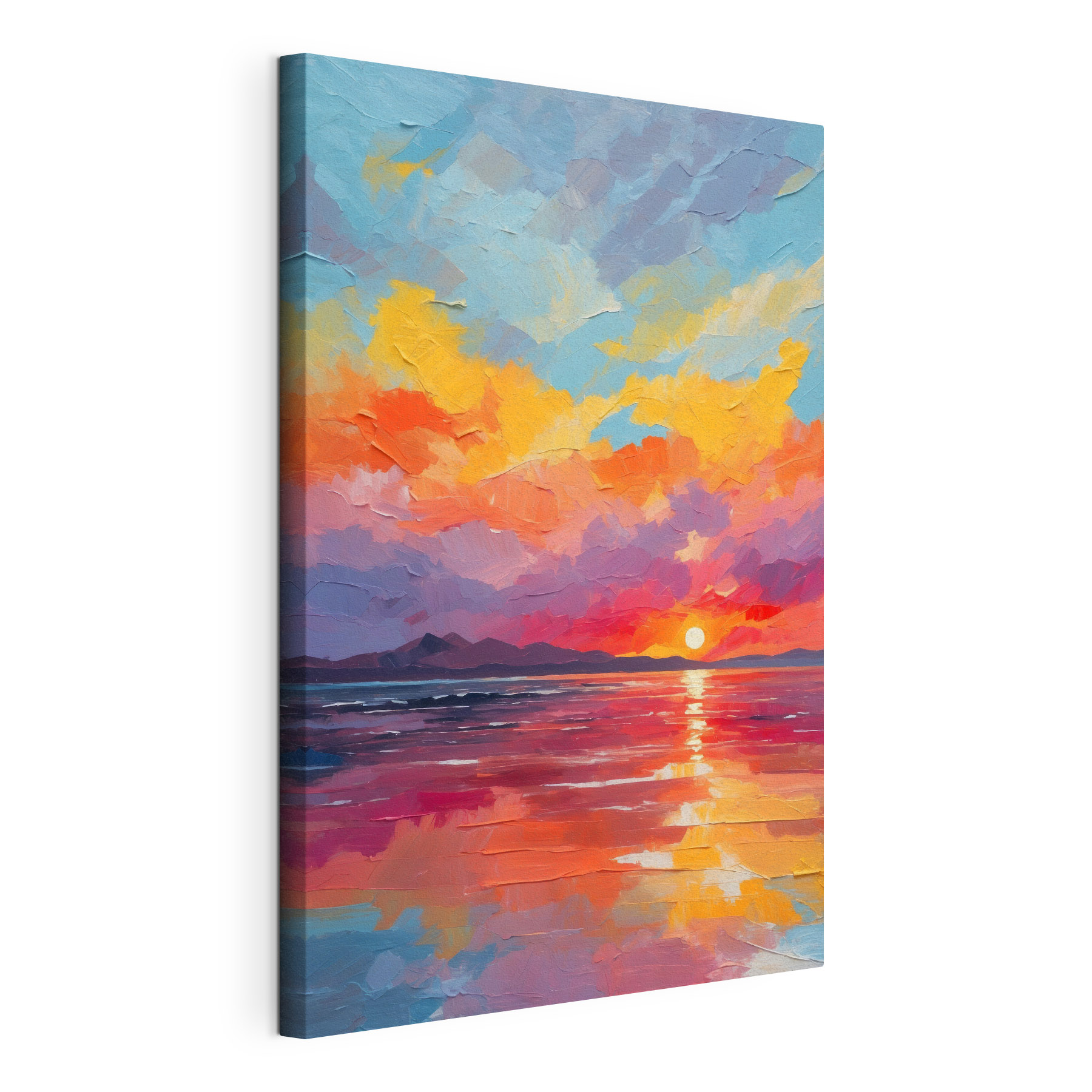 A sunset over water with mountains in the background A sunset over water with mountains in the background