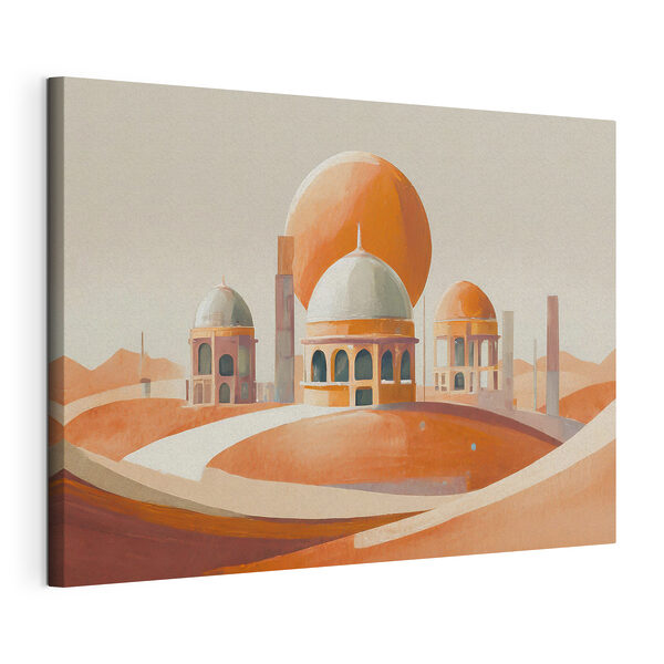Quadri Un paesaggio desertico con edifici e una grande sfera arancione (COD: s37812) Quadri Quadri Un paesaggio desertico con edifici e una grande sfera arancione (COD: s37812)