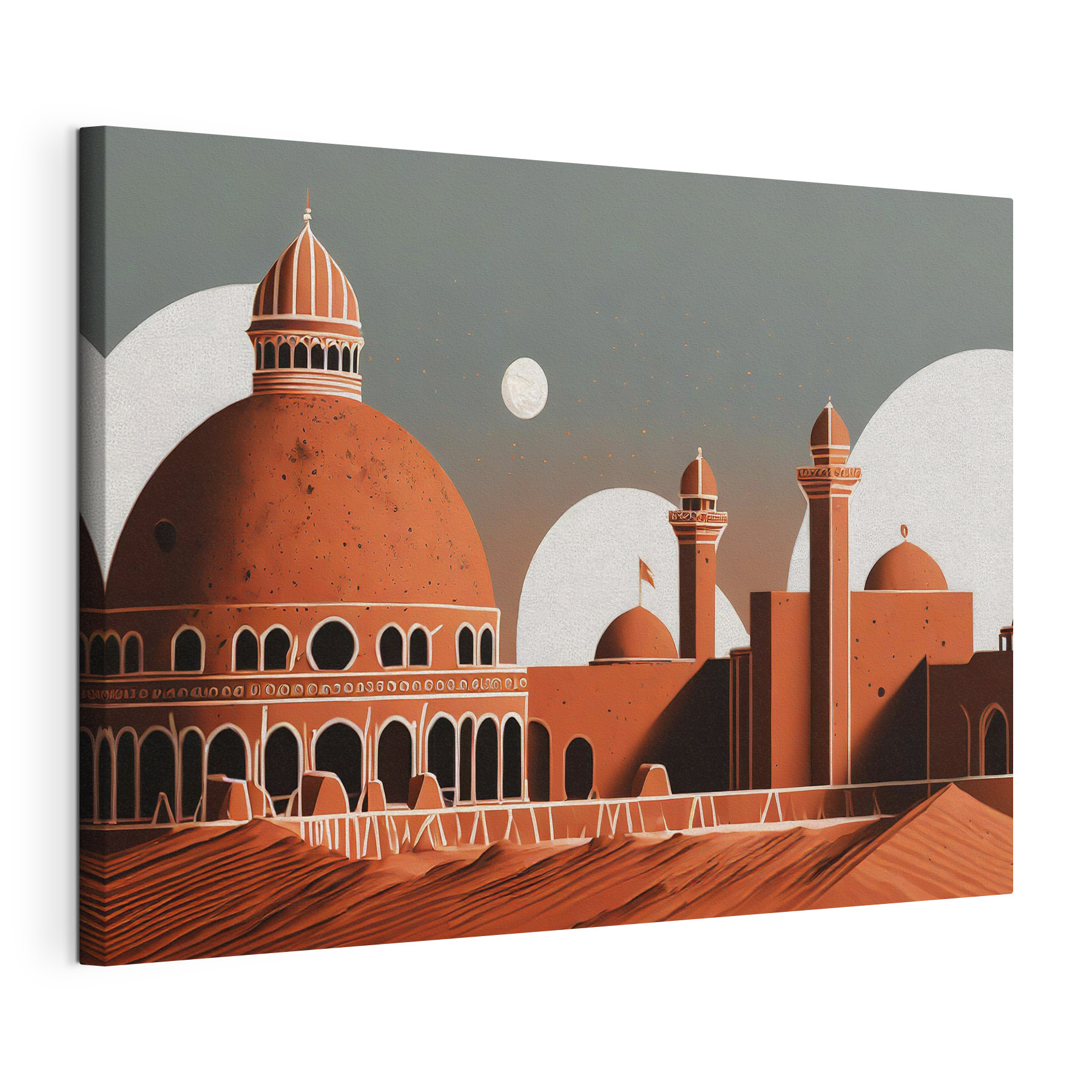 A desert landscape with a building and towers A desert landscape with a building and towers