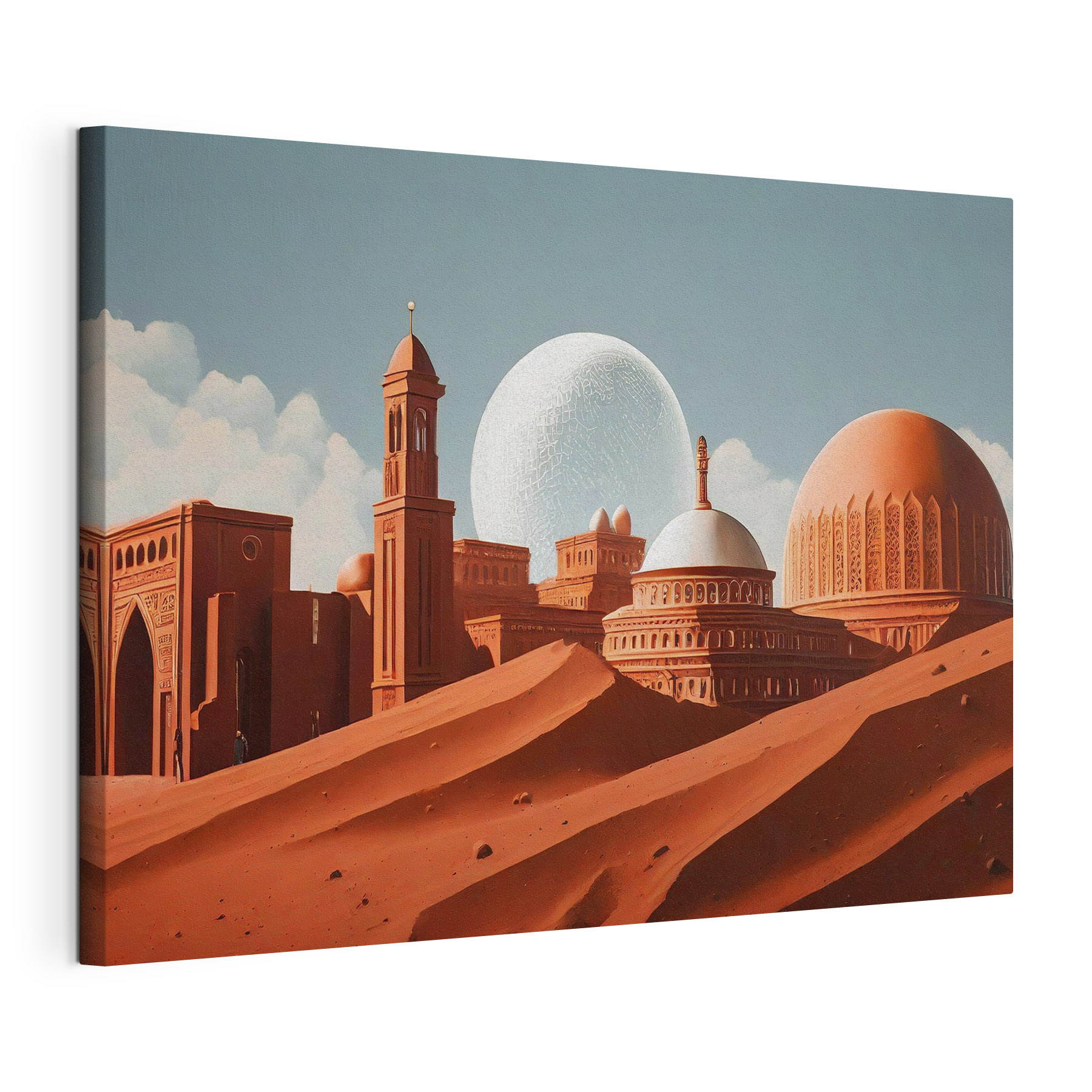 A desert landscape with buildings and a large white ball A desert landscape with buildings and a large white ball
