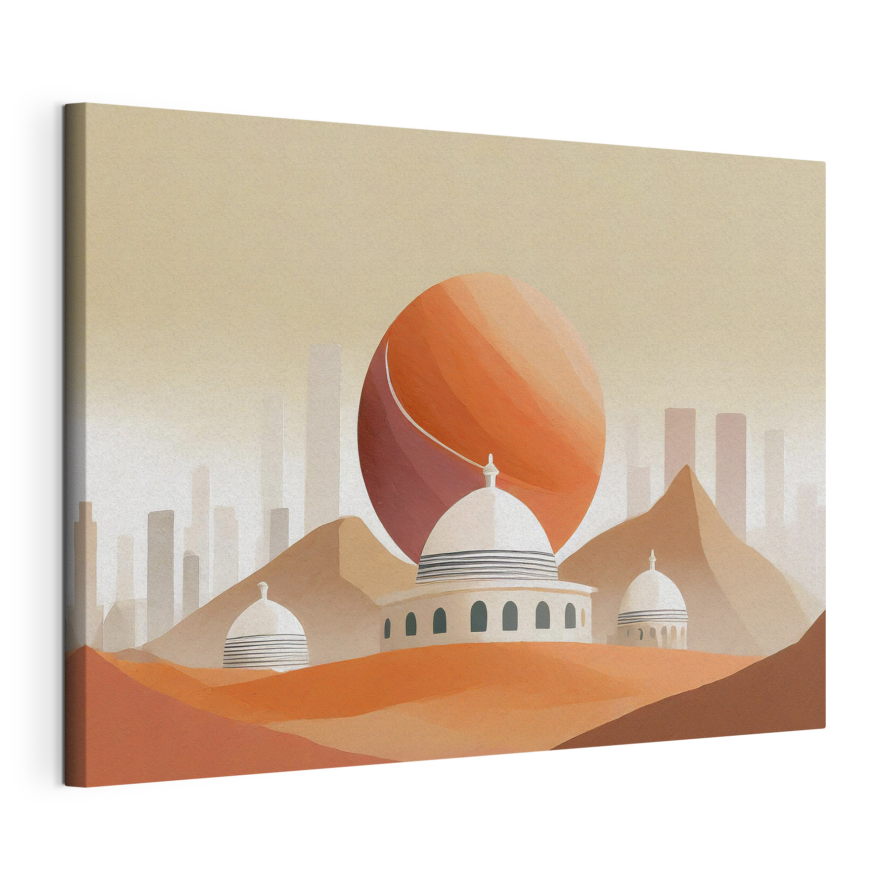 A desert landscape with buildings and a large red ball