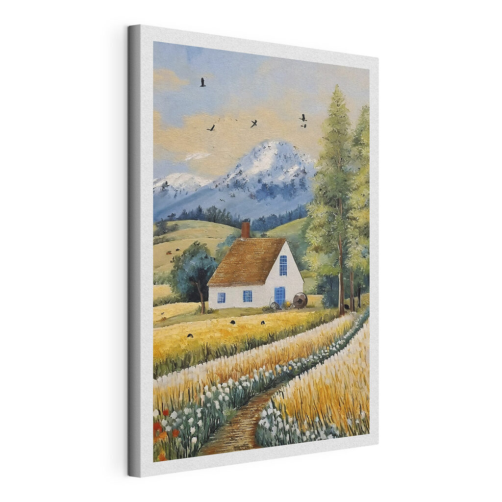 A painting of a house in a field