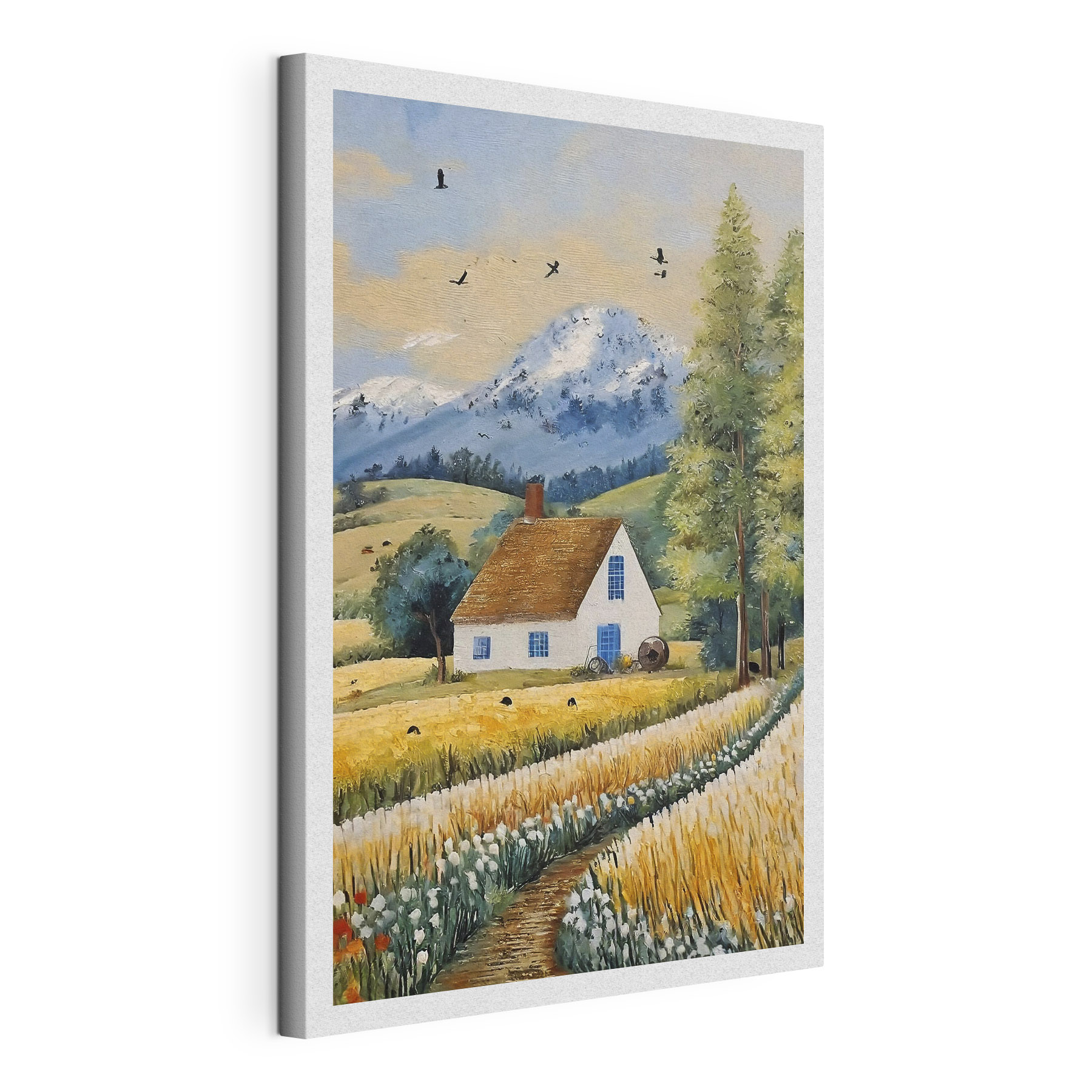 A painting of a house in a field
