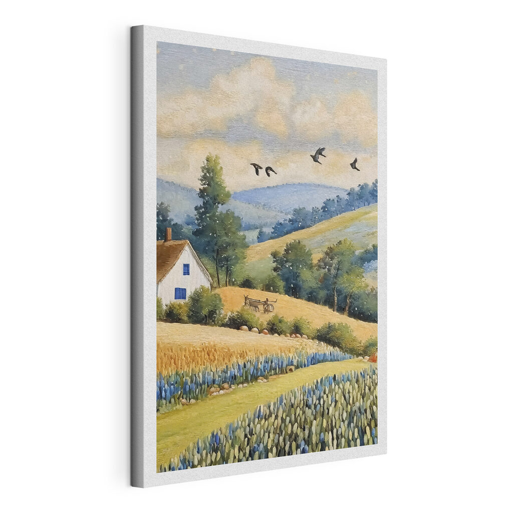 A painting of a house and a field of flowers
