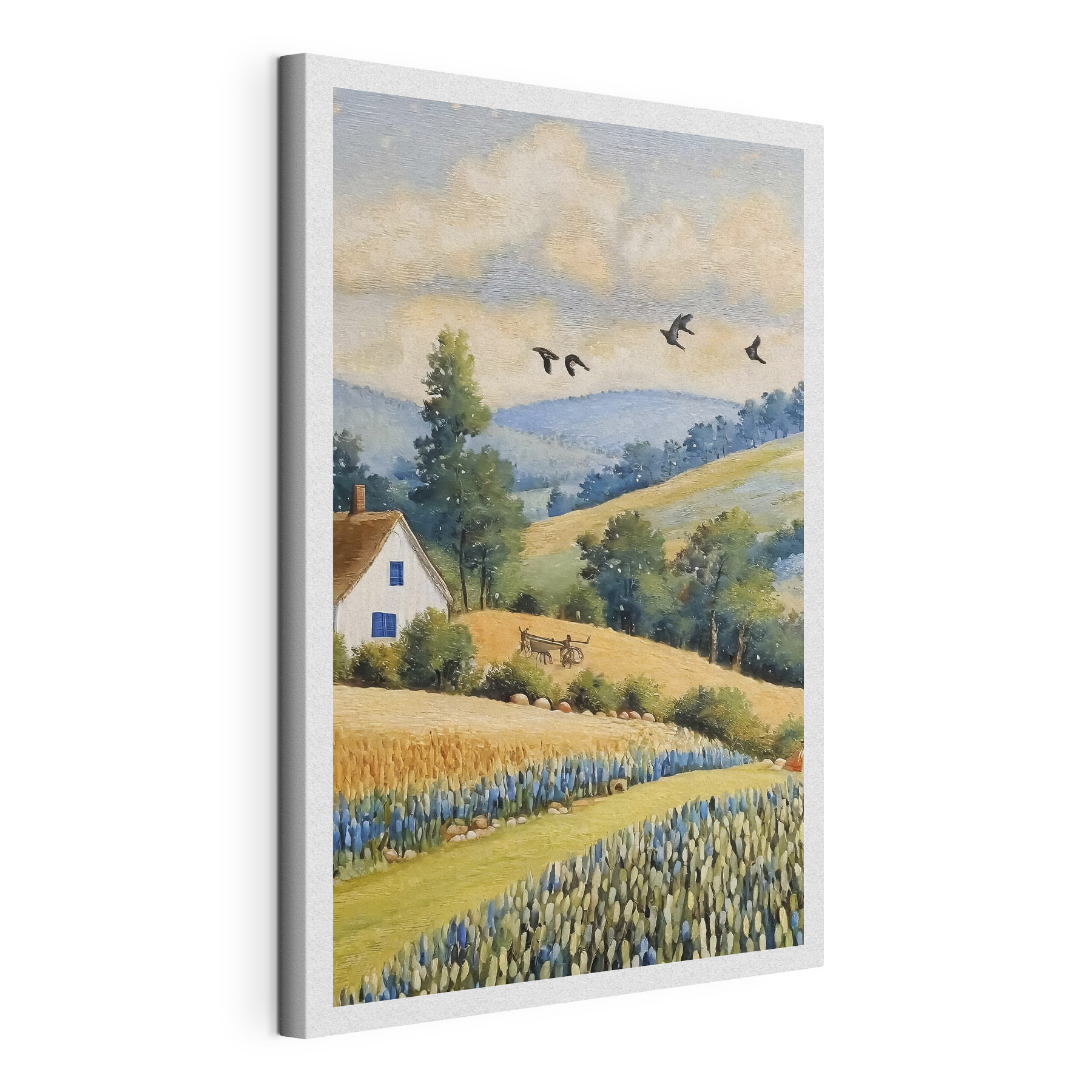 A painting of a house and a field of flowers