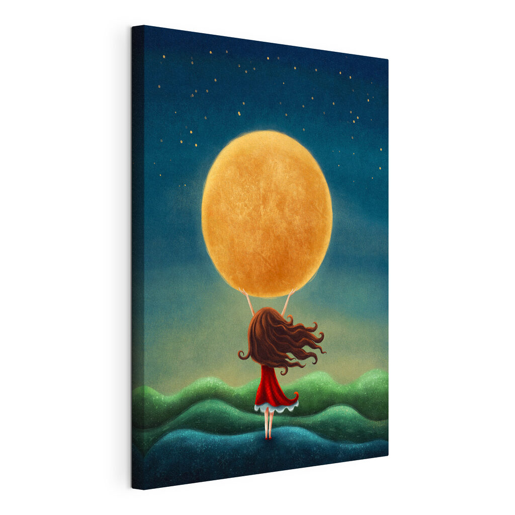 A girl holding a large yellow moon A girl holding a large yellow moon
