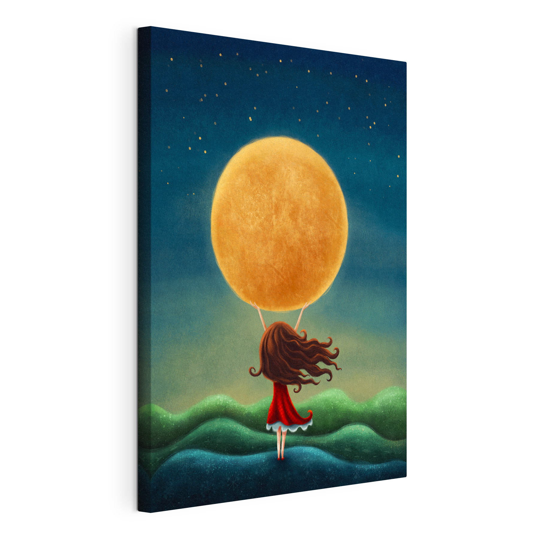 A girl holding a large yellow moon A girl holding a large yellow moon