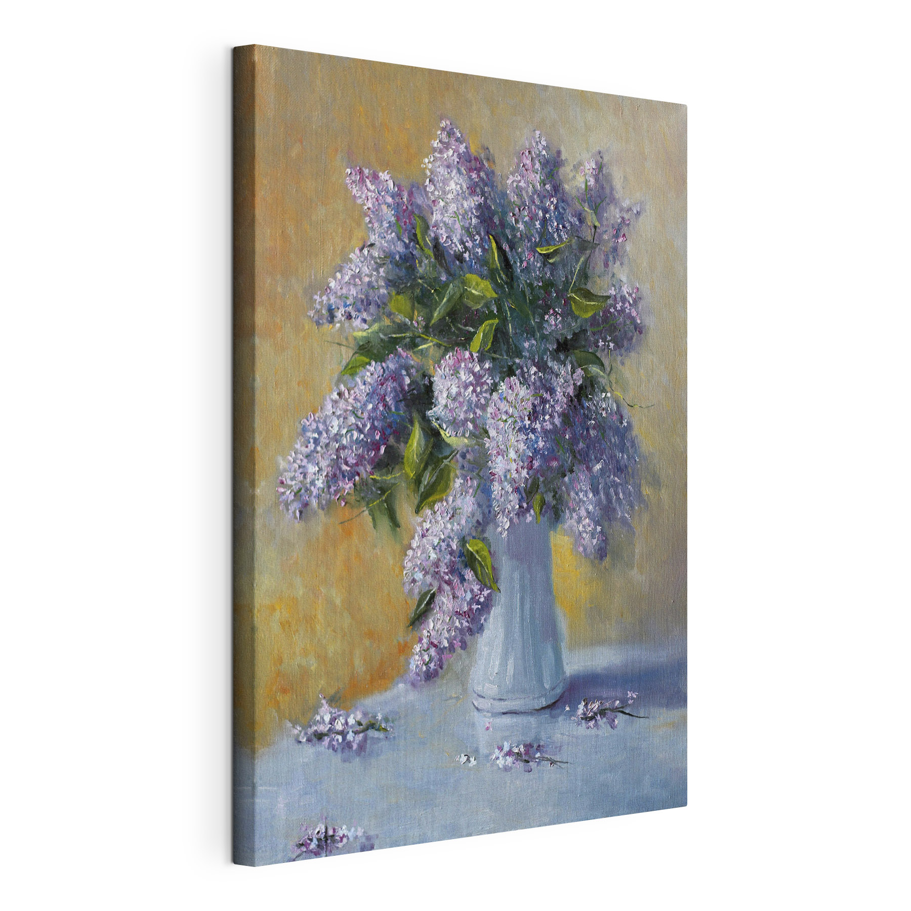 A painting of a bouquet of purple flowers in a white vase