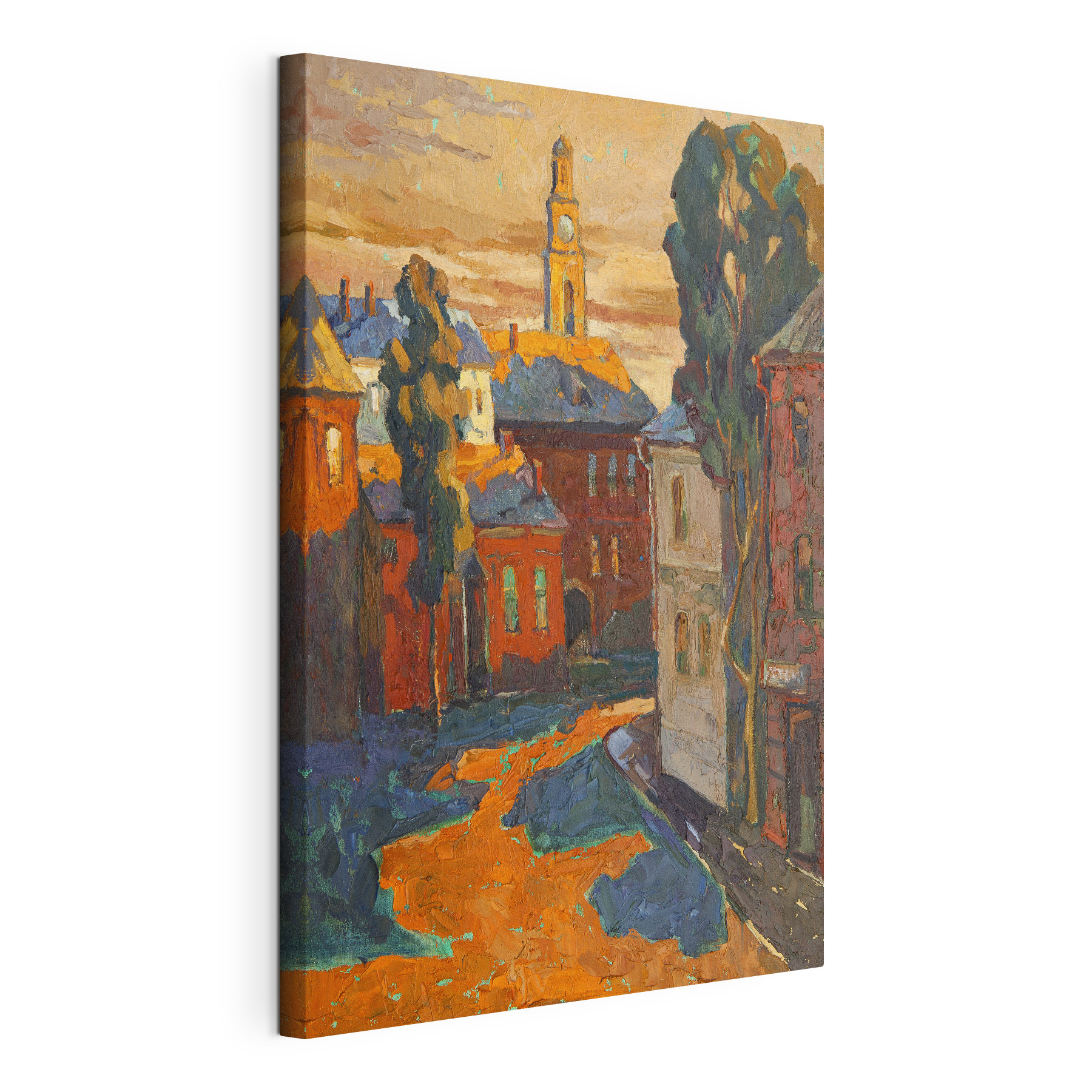 A painting of a street with buildings and trees A painting of a street with buildings and trees