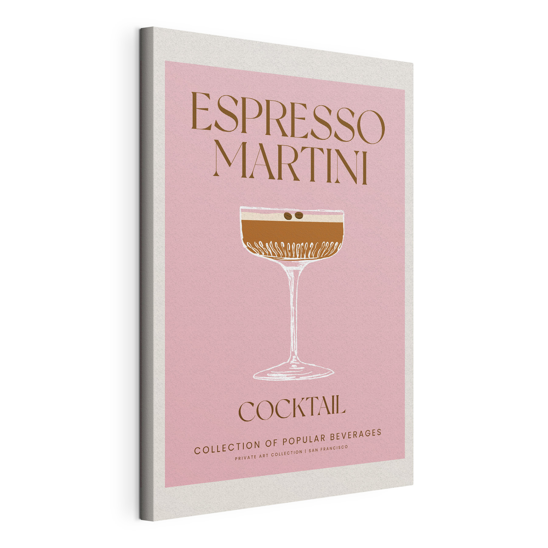 A pink and white sign with a glass of brown liquid