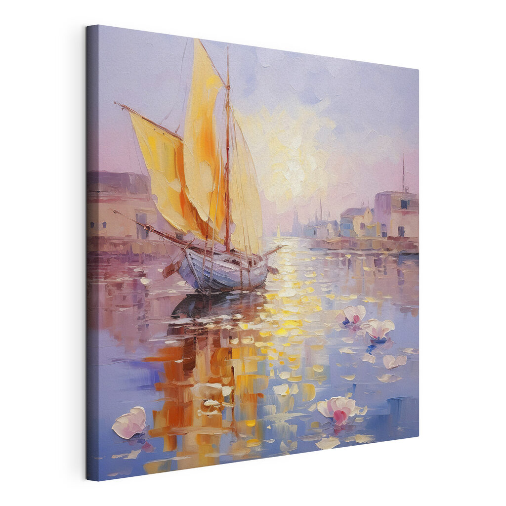A painting of a sailboat in a harbor