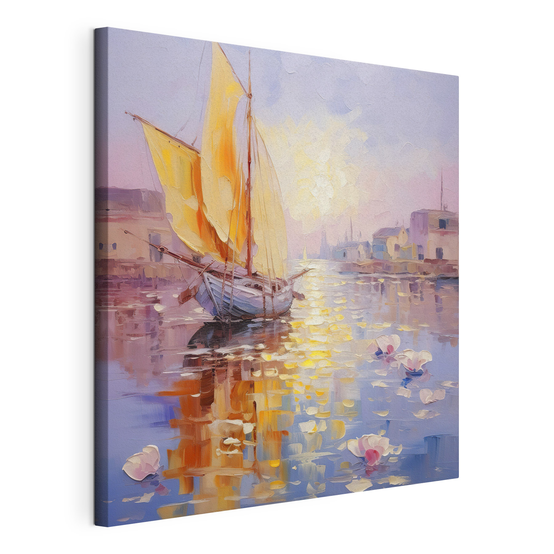 A painting of a sailboat in a harbor