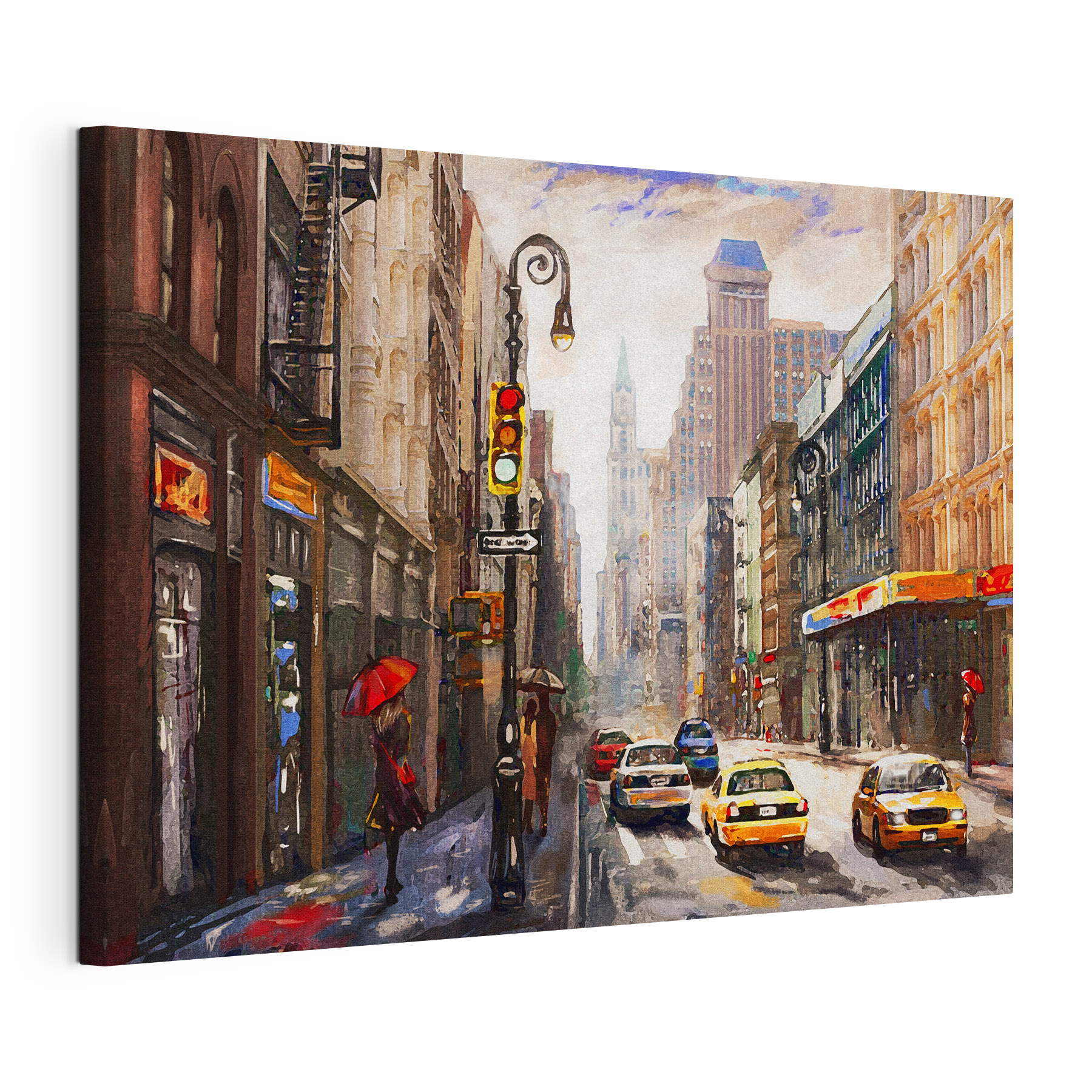 A watercolor of a city street with cars and people A watercolor of a city street with cars and people