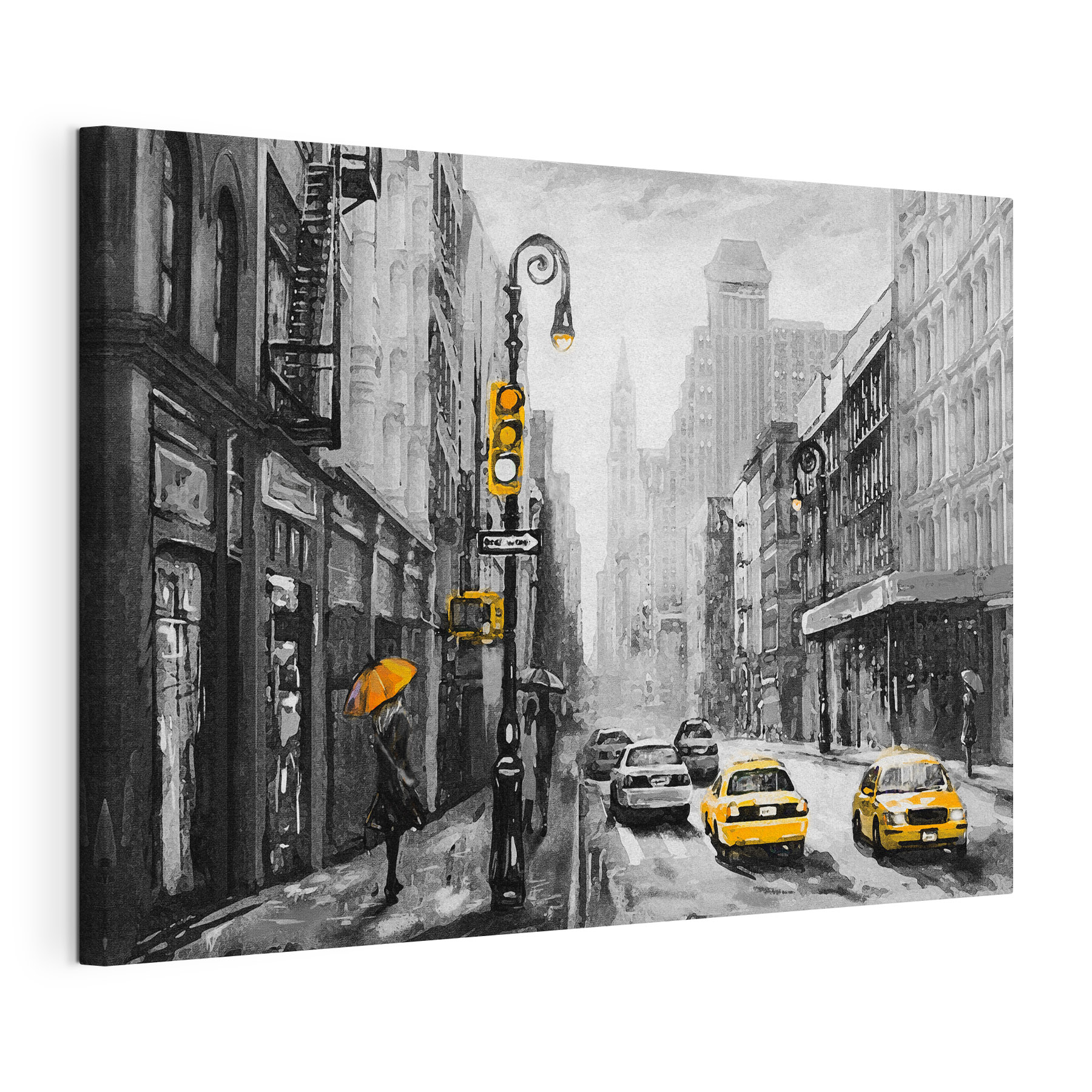 A woman walking down a street with yellow cars and a woman holding an umbrella A woman walking down a street with yellow cars and a woman holding an umbrella