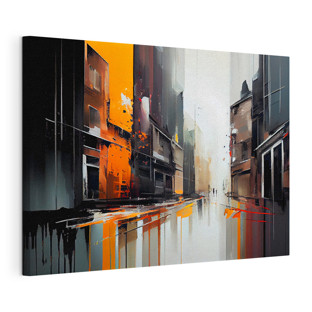 A painting of a street with buildings