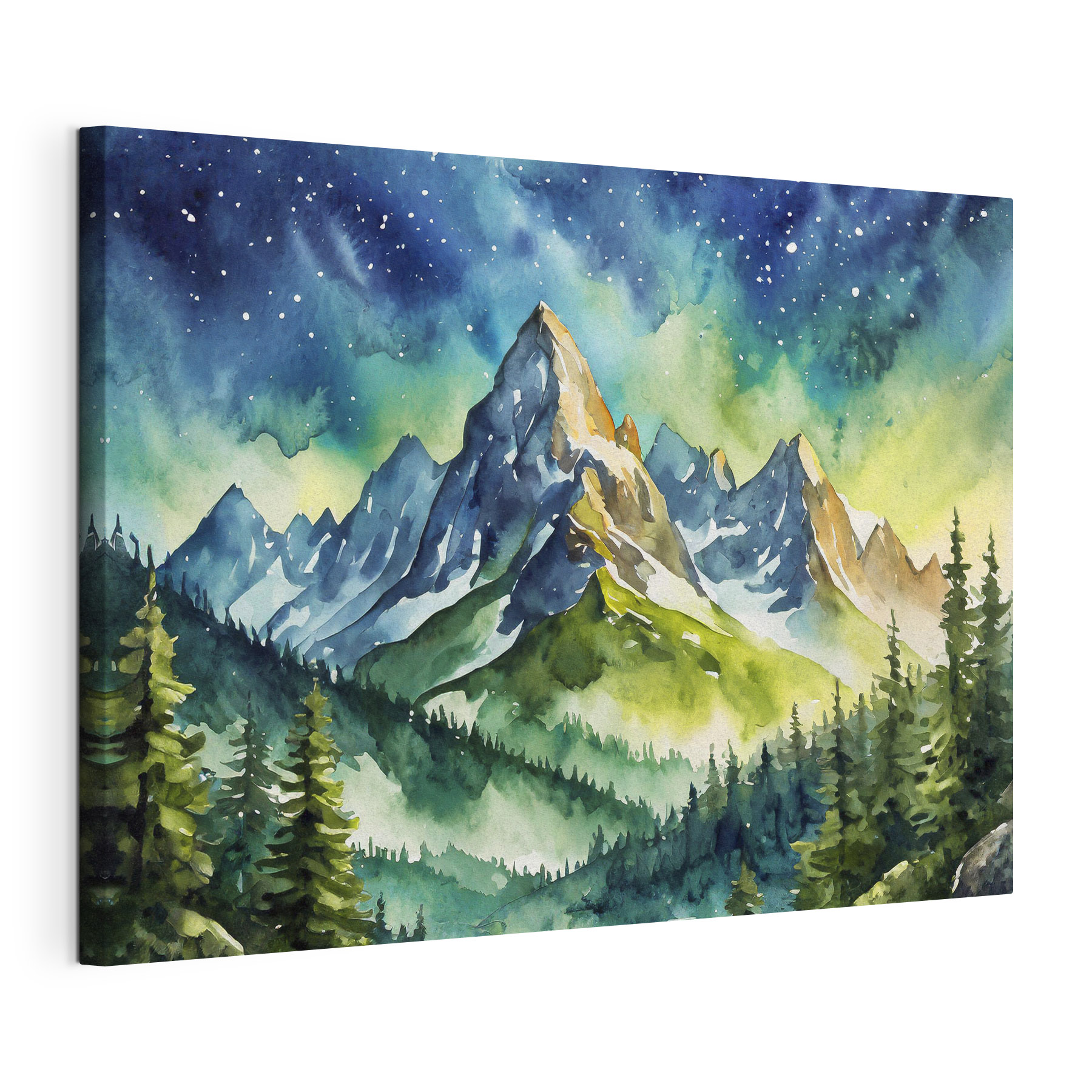 Watercolor painting of mountains and trees and stars Watercolor painting of mountains and trees and stars