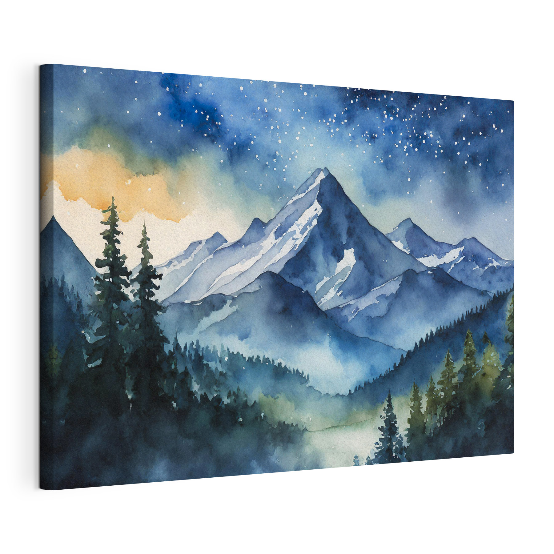 Watercolor of a mountain range and trees in the foreground