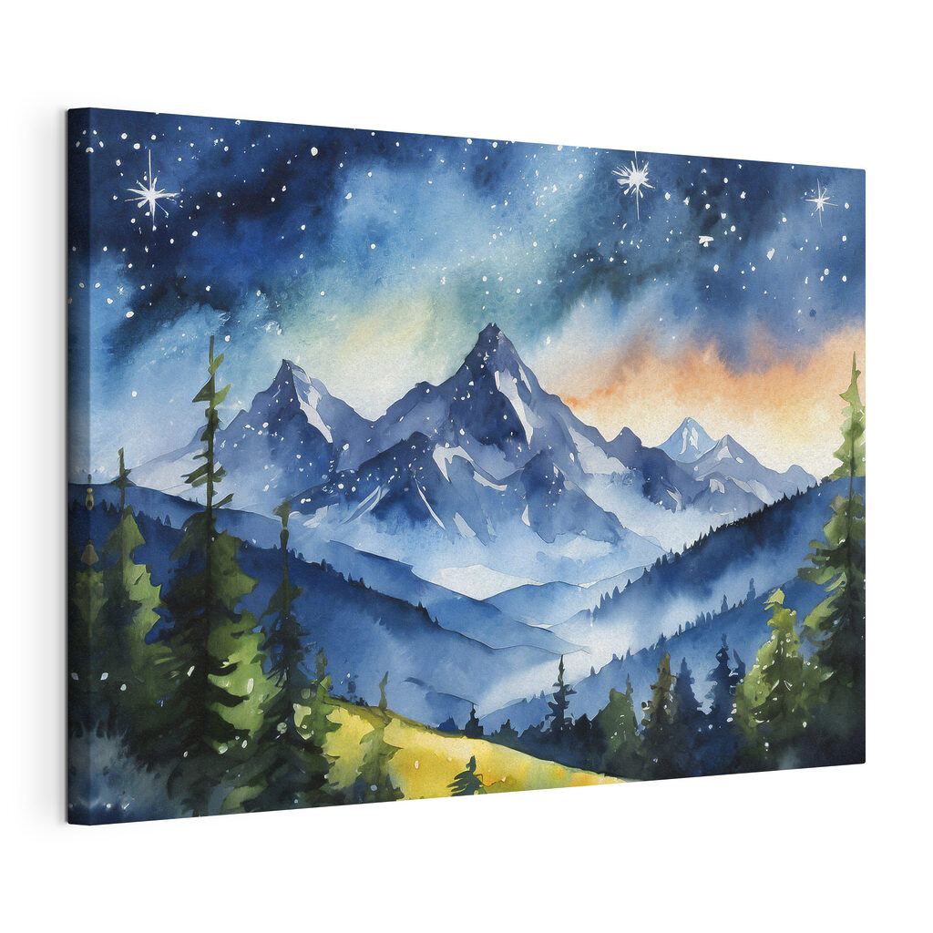 Watercolor of a mountain range and stars in the sky
