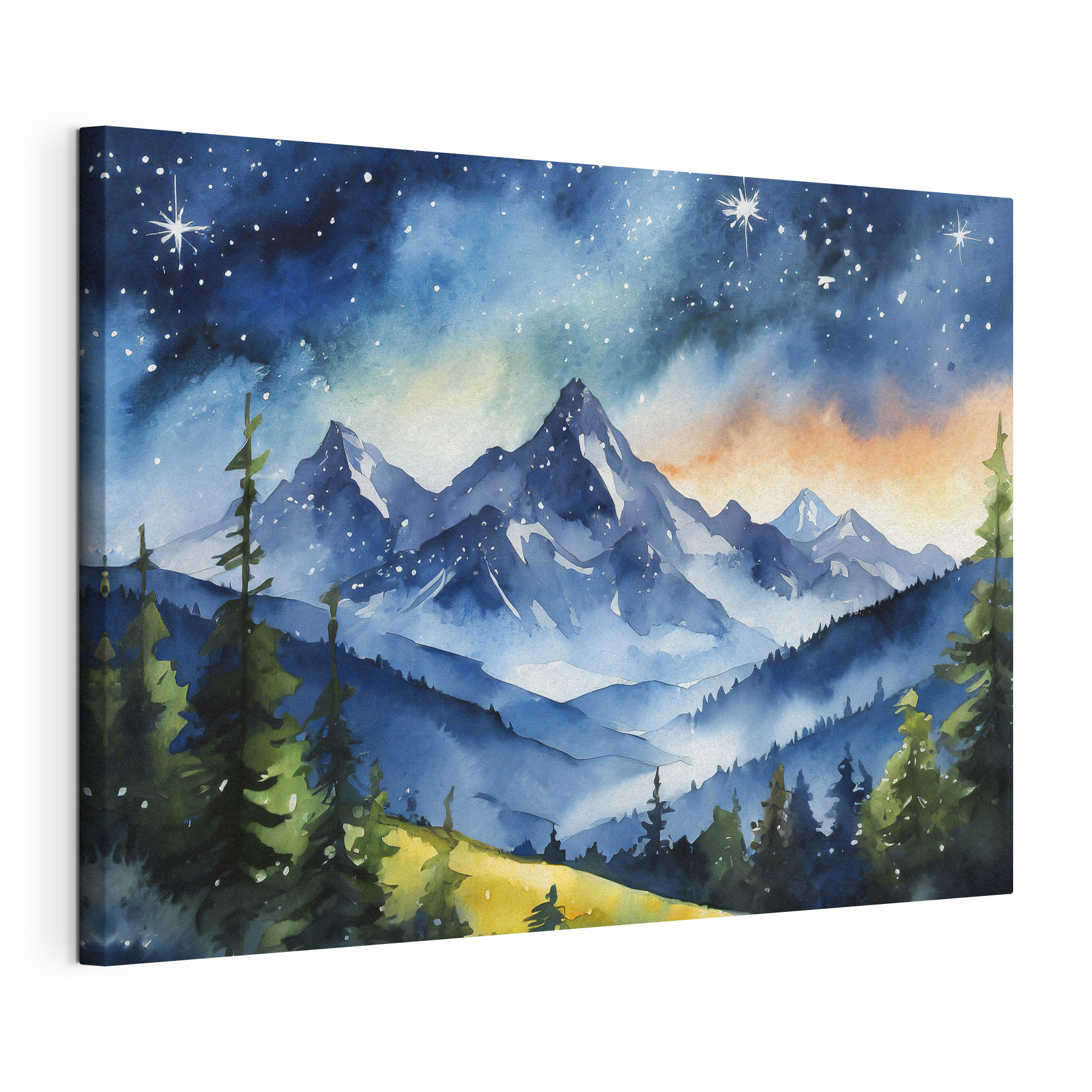 Watercolor of a mountain range and stars in the sky