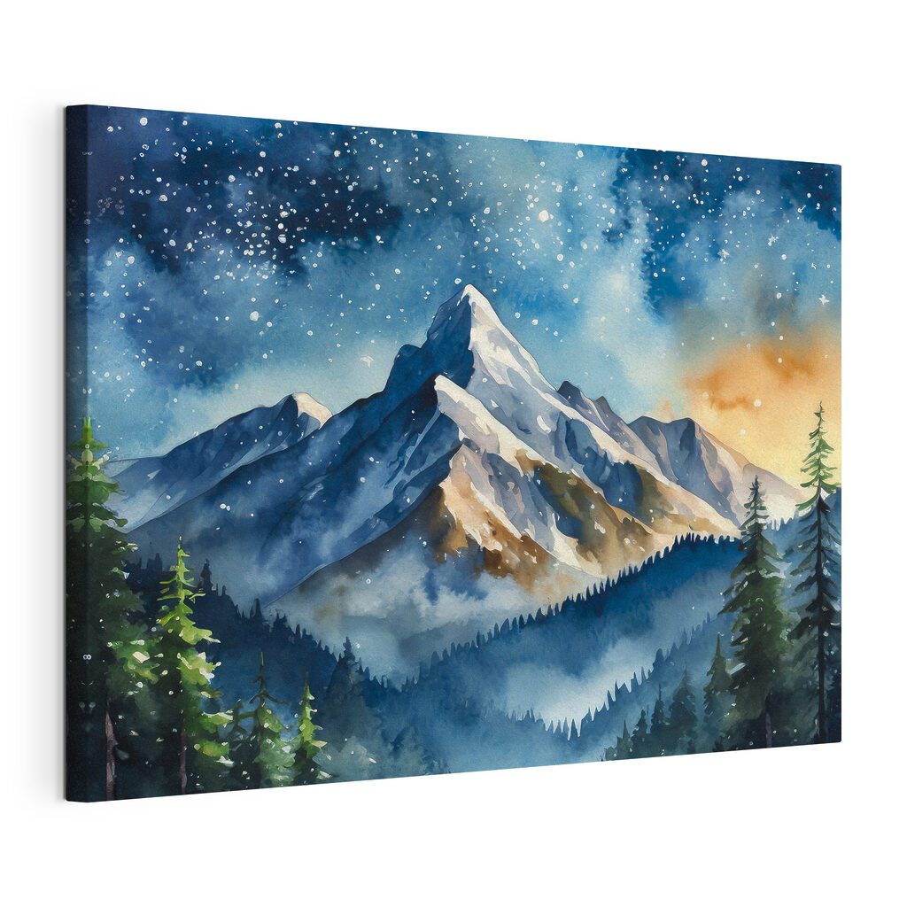 A watercolor painting of a mountain range