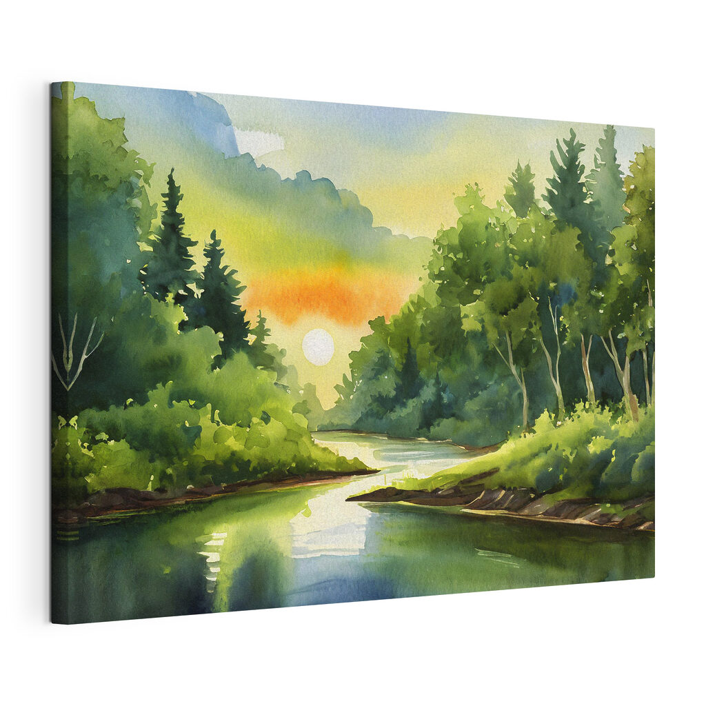 Watercolor painting of a river with trees and a sunset Watercolor painting of a river with trees and a sunset