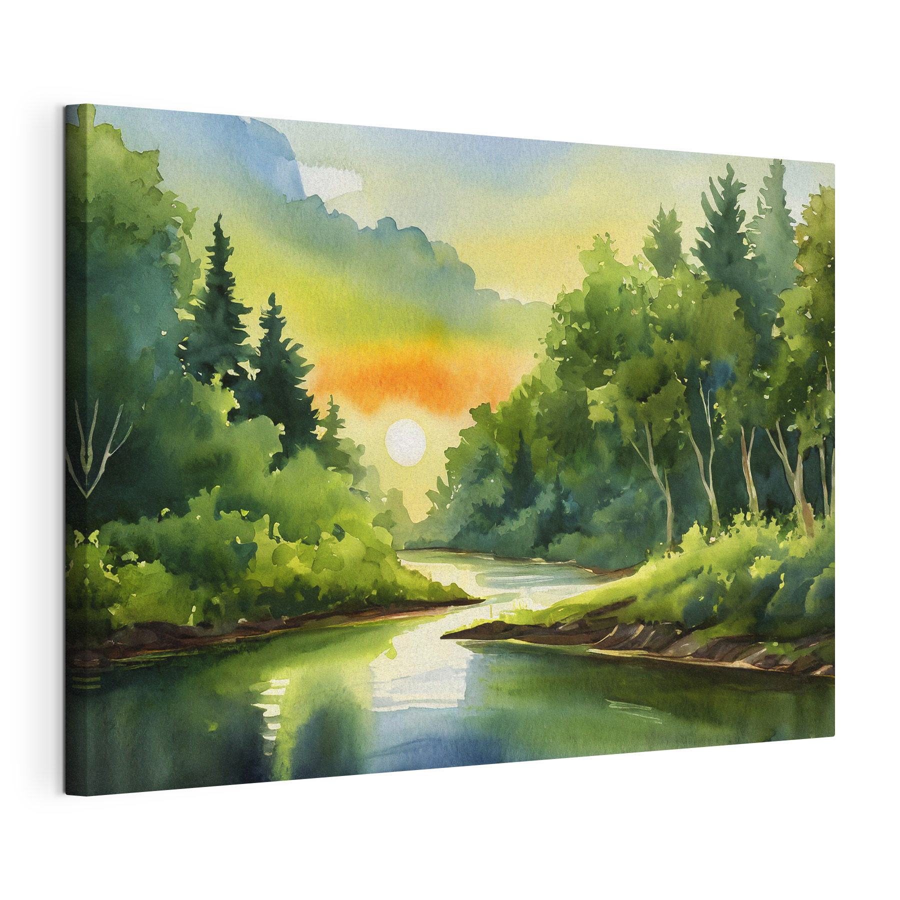 Watercolor painting of a river with trees and a sunset Watercolor painting of a river with trees and a sunset